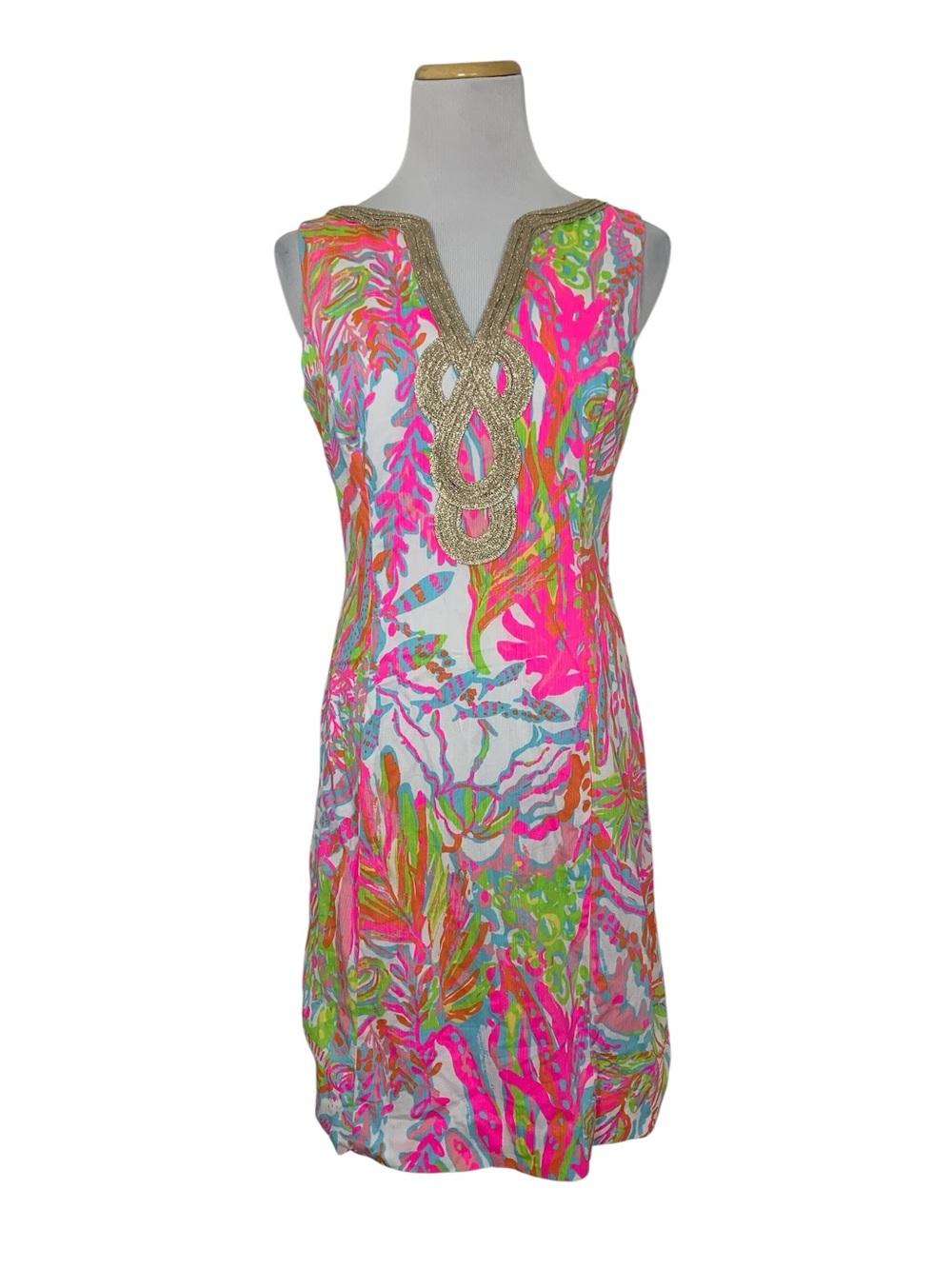 Lilly Pulitzer Colorful Tropical Reef Sheath Dress Womens 4 Gold Soutache Coasta